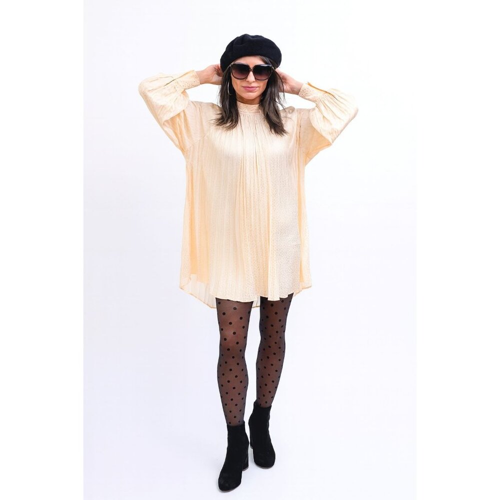 NWT Beulah Style Women OS Pleated L/S Ivory Dress Bow Tie Neck Animal Print